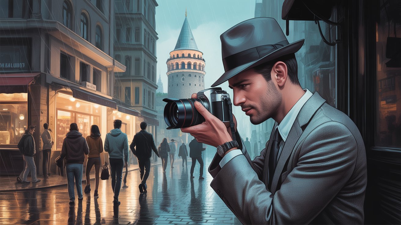 Illustration eines Privatdetektivs mit Kamera vor Galataturm in Istanbul (Türkei); Privatermittler Istanbul (Türkei), Wirtschaftsdetektei Istanbul (Türkei), Wirtschaftsdetektiv Istanbul (Türkei), Privatdetektei Istanbul (Türkei)