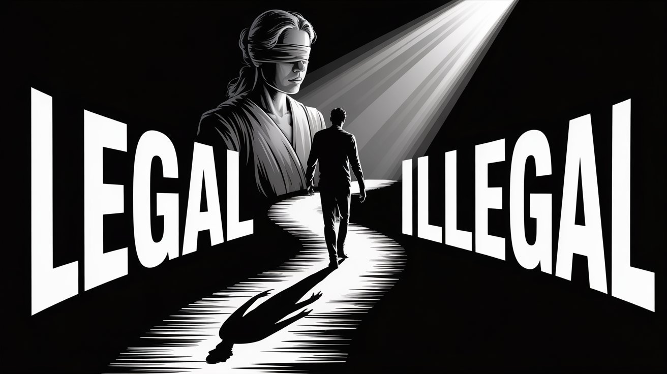 Justitia vor Mann am Scheideweg zwischen Legalität und Illegalität; Detektivagentur in Bremen, Detektivbüro in Bremen, Wirtschaftsdetektei in Bremen, Wirtschaftsdetektiv in Bremen