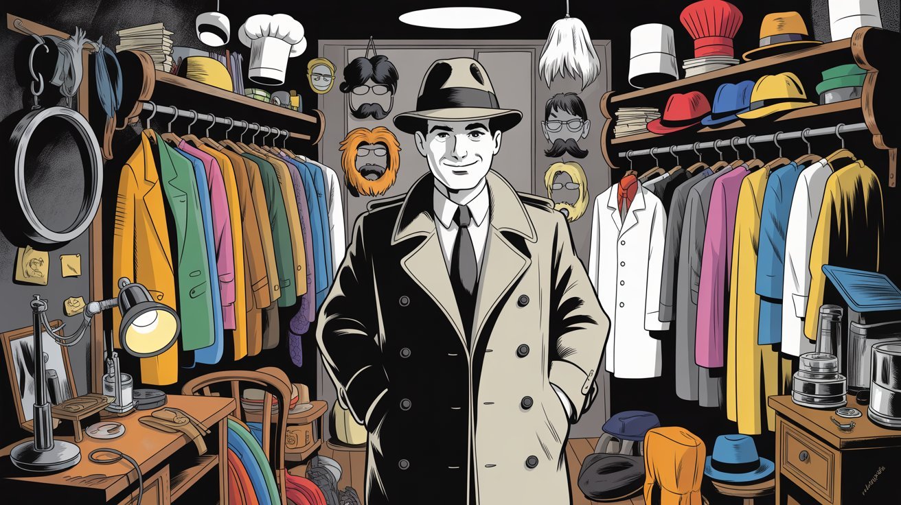 Comic-Detektiv umgeben von Verkleidungen; Privatermittler Bremen, Detektivagentur Bremen, Detektivbüro Bremen, Detektivteam Bremen