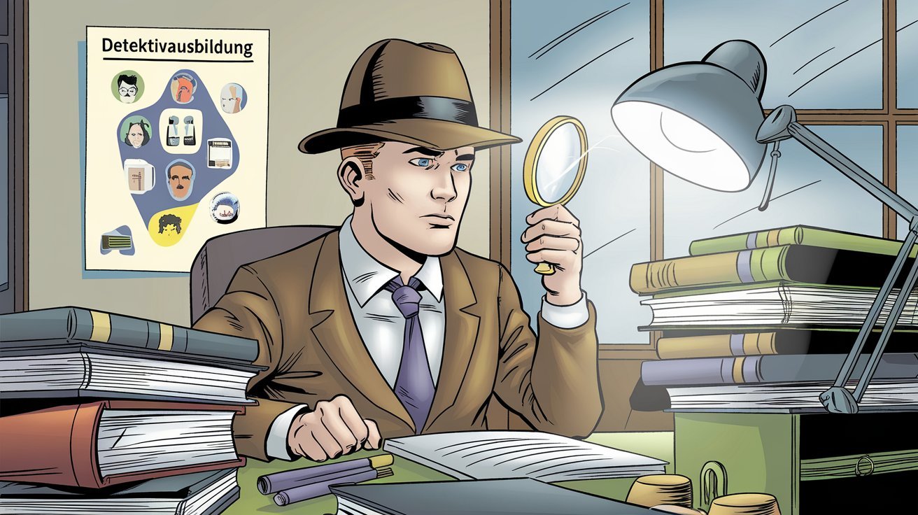 Comic-Stil-Detektiv schaut in seinem Detektivbüro durch eine Lupe; Detektiv in Bremen, Detektei aus Bremen, Bremer Privatdetektiv